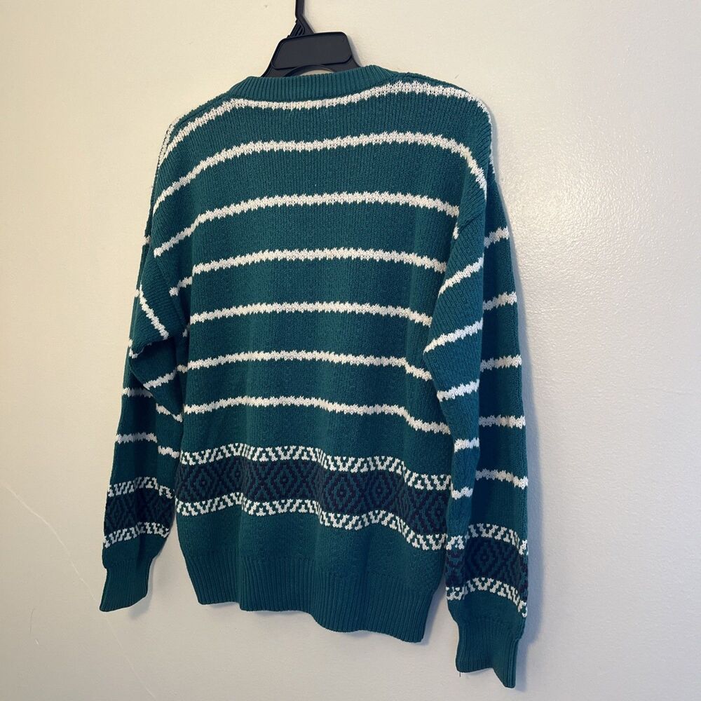 IZOD Vintage 80s Aztec Cotton Striped Grandpa Knit V Neck Sweater, Teal- Med. - Picture 7 of 9